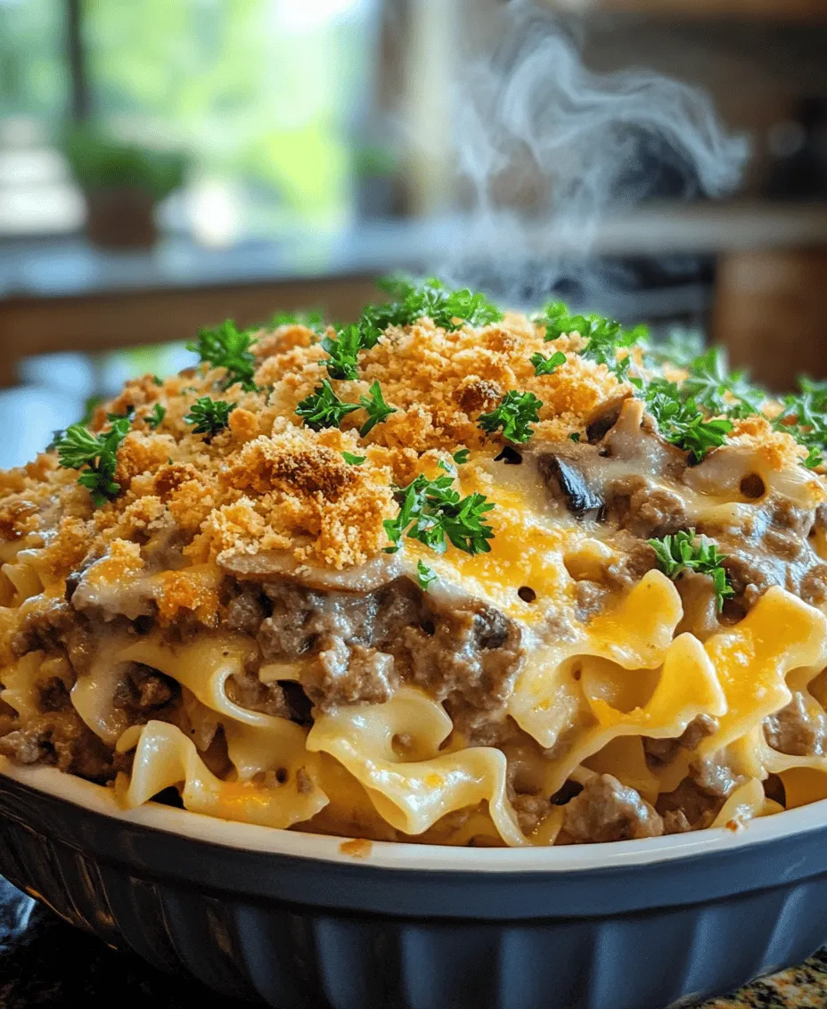 Comfort food holds a special place in the hearts of many home cooks. It represents warmth, nostalgia, and the joy of gathering around a table with loved ones. Among the myriad of comfort food options available, <strong>Creamy Beef Noodle Bake</strong> stands out as a family favorite, renowned for its rich flavors and satisfying texture. This dish is not just a meal; it is an experience that brings families together, making it perfect for weeknight dinners or larger gatherings.” /></p>
</p>
<h3>Combining Ingredients</h3>
</p>
<p>To create the creamy mixture that defines the Creamy Beef Noodle Bake, start by mixing the key ingredients: sour cream, cream of mushroom soup, and shredded cheese. This combination not only adds a luscious texture but also infuses the dish with rich flavors that meld beautifully during baking.</p>
</p>
<p>Begin by placing the cooked ground beef and noodles in a large mixing bowl. Ensure the beef is well-drained to prevent excess moisture that could lead to a soggy bake. Next, gently fold in the sour cream and cream of mushroom soup, ensuring every strand of noodle and morsel of beef is coated. This step is crucial because it ensures that the flavors are evenly distributed throughout the dish, preventing any dry bites.</p>
</p>
<p>After combining, add half of your shredded cheese and mix well, reserving the other half for the topping. Incorporating cheese into the mixture not only enhances the creaminess but also contributes to the overall flavor profile. For a touch of seasoning, sprinkle in salt, pepper, and any other preferred spices such as garlic powder or onion powder. These seasonings will elevate the taste and make the bake even more satisfying.</p>
</p>
<h3>Layering and Baking</h3>
</p>
<p>Layering is an integral part of assembling the Creamy Beef Noodle Bake. Proper layering ensures that every portion of the dish receives a balanced amount of beef, noodles, and that decadent creamy sauce. Start by spreading half of the noodle and beef mixture evenly in the bottom of a greased baking dish.</p>
</p>
<p>Next, sprinkle a layer of the remaining shredded cheese evenly over this first layer. This not only adds flavor but also creates a delicious cheesy base that complements the rest of the ingredients. Follow this with the second half of the noodle mixture, spreading it out carefully to ensure an even distribution. Completing the layering process, top with the remaining cheese. This results in a golden, bubbly topping once baked.</p>
</p>
<h3>Baking to Perfection</h3>
</p>
<p>The baking process is where the magic happens. Preheat your oven to 350°F (175°C) before placing your assembled dish inside. This temperature is ideal for allowing the creamy mixture to heat through thoroughly while ensuring the cheese melts and forms a golden crust.</p>
</p>
<p>As your Creamy Beef Noodle Bake bakes, keep an eye out for signs of doneness. The top should achieve a beautiful golden-brown color, and you should notice bubbling along the edges of the dish. These visual cues indicate that the ingredients have melded together nicely and that the bake is ready to come out of the oven.</p>
</p>
<p>Once the baking time is complete, typically around 25-30 minutes, allow the dish to rest for at least 10-15 minutes before serving. Resting is a crucial step that enhances the flavors as it allows the sauce to thicken slightly and makes serving easier. Cutting into the dish too soon may cause it to fall apart and result in a less appealing presentation.</p>
</p>
<h3>Serving Suggestions and Variations</h3>
</p>
<p>The Creamy Beef Noodle Bake is incredibly versatile and can be served in numerous ways. For a well-rounded meal, consider pairing it with a fresh side salad dressed in a light vinaigrette. The crispness of the salad complements the creamy richness of the bake, providing a refreshing contrast. Garlic bread is another excellent pairing, perfect for scooping up the cheesy goodness and adding a delightful crunch.</p>
</p>
<p>For those who prefer variety, there are several ways to adapt this recipe. Substituting ground turkey or chicken for beef is an excellent way to lighten the dish while still keeping the heartiness. Additionally, consider adding vegetables like spinach, bell peppers, or peas to the mixture for added nutrition and flavor. This not only increases the dish’s health benefits but also adds vibrant colors, making it visually appealing.</p>
</p>
<h3>Nutritional Profile</h3>
</p>
<p>Understanding the nutritional profile of the Creamy Beef Noodle Bake can help you make informed choices while enjoying this comforting dish. Each serving is rich in protein, thanks to the ground beef and cheese, making it a filling option for any meal. The protein content not only supports muscle health but also keeps you feeling full longer, which can be beneficial for weight management.</p>
</p>
<p>On average, a serving of this bake contains approximately 450-500 calories, depending on the specific ingredients used and portion sizes. If you’re looking to make healthier modifications, consider using reduced-fat sour cream and cheese. You can also swap out regular noodles for whole grain or gluten-free options, which can boost fiber content and cater to dietary preferences.</p>
</p>
<h3>Conclusion: The Comfort of Creamy Beef Noodle Bake</h3>
</p>
<p>The Creamy Beef Noodle Bake stands as a timeless dish that encapsulates comfort and convenience in every bite. Its creamy texture, coupled with the hearty flavors of ground beef and melted cheese, makes it a beloved choice for families looking for a satisfying meal. Whether enjoyed on a busy weeknight or served during a cozy gathering, this bake is sure to please.</p>
</p>
<p>Its adaptability allows you to cater to various tastes and dietary needs, whether by incorporating vegetables or opting for different proteins. By embracing its versatility and ease of preparation, the Creamy Beef Noodle Bake remains a staple in many households, offering both nourishment and the joy of shared meals.</p>
		</div>

				<footer class=