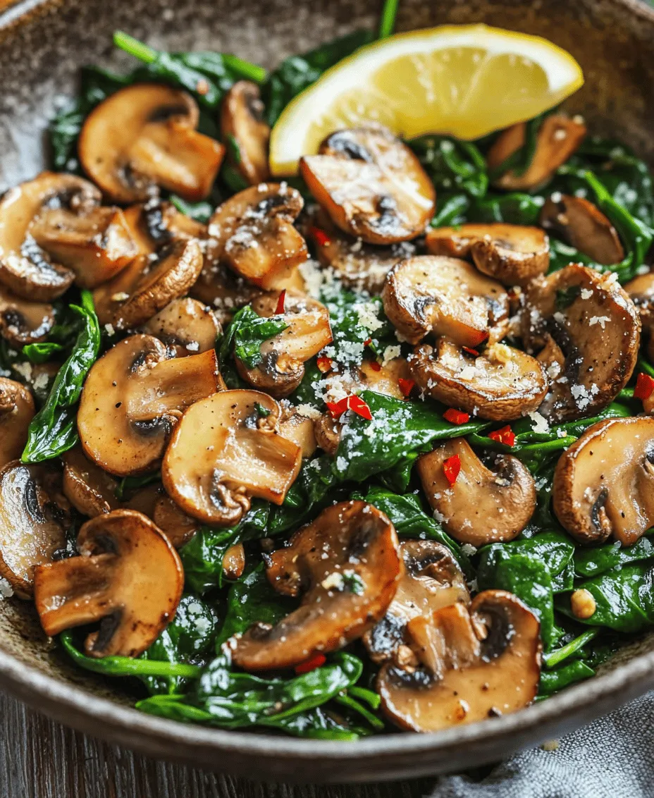 In today's fast-paced world, finding time to prepare healthy meals can often feel like a daunting task. However, the beauty of cooking lies in its simplicity, and one dish that perfectly embodies this principle is <strong>Easy Sautéed Mushrooms with Spinach</strong>. This delightful dish is not only a visual treat but also a powerhouse of flavors and nutrients, making it an ideal addition to any meal plan.” /></p>
</p>
<h3>Seasoning: Balancing Flavors with Salt, Pepper, and Optional Chili Flakes</h3>
</p>
<p>Once your mushrooms and spinach are perfectly sautéed, it’s time to season them to enhance their natural flavors. Start by adding salt—a crucial ingredient that helps to elevate the taste of the vegetables. As you sprinkle in the salt, remember that it’s easier to add more later than to fix an overly salty dish, so start with a small pinch and adjust based on your taste preference.</p>
</p>
<p>Freshly ground black pepper is another essential seasoning that adds warmth and a subtle bite to the dish. The combination of salt and pepper will provide a solid flavor foundation for your sautéed mushrooms and spinach. If you enjoy a little heat, consider adding a pinch of red chili flakes. This optional ingredient can add a delightful kick without overpowering the dish, making it a perfect pairing with the earthy notes of mushrooms and the vibrant flavor of spinach.</p>
</p>
<h3>Finishing with Lemon: The Role of Acidity in Brightening Dishes</h3>
</p>
<p>To truly elevate your sautéed mushrooms and spinach, finish the dish with a squeeze of fresh lemon juice. This step might seem simple, but the acidity from the lemon juice works wonders in brightening the flavors of the dish. It cuts through the richness of the olive oil and complements the umami notes of the mushrooms.</p>
</p>
<p>When adding lemon, be sure to do it at the end of the cooking process to preserve the fresh, zesty flavor. A teaspoon or two should suffice; taste as you go to ensure the acidity enhances rather than overwhelms the dish. For an added touch, you can also garnish with lemon zest, which provides a burst of citrus aroma and an additional layer of flavor.</p>
</p>
<h3>Nutritional Benefits of Sautéed Mushrooms and Spinach</h3>
</p>
<p>This Easy Sautéed Mushrooms with Spinach recipe is not only delicious but also packed with health benefits. Both mushrooms and spinach are nutrient-dense foods, making this dish a great addition to your diet.</p>
</p>
<p>– <strong>Low-Calorie Count and High Fiber Content</strong>: One of the most appealing aspects of this recipe is its low-calorie count. A serving of sautéed mushrooms and spinach typically contains fewer than 100 calories, making it a perfect choice for those looking to maintain or lose weight. The fiber content in both ingredients aids digestion and helps you feel full longer, which is beneficial for weight management.</p>
</p>
<p>– <strong>Rich in Vitamins and Minerals</strong>: Spinach is a powerhouse of vitamins, particularly vitamin K, vitamin A, vitamin C, and several B vitamins. It also provides essential minerals like iron, magnesium, and potassium. Mushrooms contribute important nutrients as well, including B vitamins, selenium, and antioxidants, which support overall health and boost the immune system.</p>
</p>
<p>– <strong>Heart-Healthy Fats from Olive Oil</strong>: Olive oil, a key ingredient in this recipe, is rich in monounsaturated fats, which are known to promote heart health. These fats can help lower bad cholesterol levels and reduce the risk of heart disease when used as part of a balanced diet.</p>
</p>
<h3>Versatility of the Recipe</h3>
</p>
<p>One of the best aspects of sautéed mushrooms and spinach is its versatility. This recipe can easily be adapted to suit your preferences or dietary needs.</p>
</p>
<p>– <strong>Suggestions for Variations and Adaptations</strong>: Feel free to experiment with different vegetables to create your own variation of the dish. Kale or Swiss chard can be excellent substitutes for spinach, offering similar flavors with their unique textures. Zucchini can also be added for a bit of crunch and moisture.</p>
</p>
<p>– <strong>Protein Additions</strong>: To transform this side dish into a more substantial meal, consider adding a protein source. Grilled chicken, sautéed shrimp, or cubed tofu can be incorporated into the sauté for a complete dish that’s satisfying and nutritious. Simply cook the protein separately and add it to the vegetables during the final moments of cooking to ensure everything is heated through.</p>
</p>
<p>– <strong>Different Seasonings or Herbs</strong>: Personalize the flavor profile by experimenting with different herbs and spices. Fresh garlic, thyme, or oregano can add an aromatic touch, while a sprinkle of Parmesan cheese can introduce a rich, savory element. Feel free to get creative—this recipe serves as a blank canvas for your culinary imagination.</p>
</p>
<h3>Serving Ideas and Pairings</h3>
</p>
<p>When it comes to serving sautéed mushrooms and spinach, presentation is key. Here are some tips to make your dish visually appealing:</p>
</p>
<p>– <strong>Presentation Tips</strong>: Serve the sautéed vegetables in a warm bowl or plate, drizzling a little extra olive oil on top for a glossy finish. Garnish with fresh herbs, such as parsley or basil, to add color and freshness to the dish. If you’ve used lemon zest, sprinkle some on top for an extra burst of flavor and visual appeal.</p>
</p>
<p>– <strong>Suggested Side Dishes and Main Courses</strong>: Sautéed mushrooms and spinach pair wonderfully with a range of dishes. They can complement grilled meats like chicken or steak, enhancing the meal with their earthy flavors. Alternatively, enjoy them alongside whole grains such as quinoa or brown rice for a satisfying vegetarian option. For a lighter fare, serve them atop a bed of mixed greens with a simple vinaigrette.</p>
</p>
<p>– <strong>Ideas for Incorporating Leftovers into Other Meals</strong>: If you have any leftovers (which is rare given how delicious this dish is), don’t let them go to waste. Sautéed mushrooms and spinach can easily be added to omelets or frittatas for a hearty breakfast. They also make a great filling for wraps or sandwiches, adding an extra layer of flavor to your lunch. Additionally, consider tossing them into pasta dishes or grain bowls to elevate your dinner.</p>
</p>
<h3>Conclusion</h3>
</p>
<p>In summary, the Easy Sautéed Mushrooms with Spinach recipe is a simple yet flavorful dish that boasts a plethora of health benefits. With its low-calorie count, high fiber content, and abundance of vitamins and minerals, it’s a smart choice for those looking to eat healthier without sacrificing taste. The versatility of this recipe allows for endless adaptations, making it a staple in home cooking that you can enjoy on various occasions.</p>
</p>
<p>Whether you serve it as a side dish, a base for proteins, or incorporate it into other meals, sautéed mushrooms and spinach are sure to impress. So, roll up your sleeves, experiment with the flavors, and make this delicious dish a regular part of your culinary repertoire. Enjoy the journey of cooking and the vibrant flavors that sautéed mushrooms and spinach bring to your table!</p>
		</div>

				<footer class=