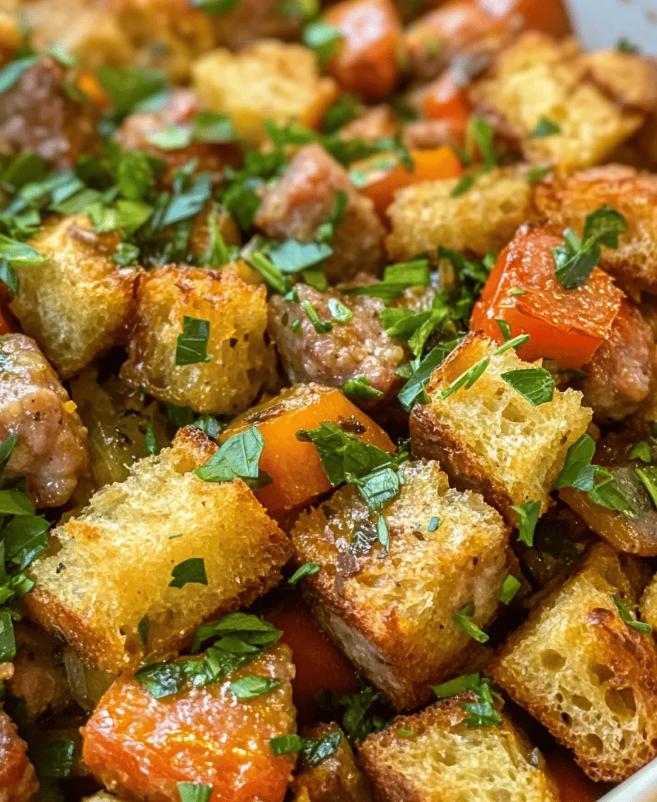 Stuffing is more than just a side dish; it is a cherished staple that has graced tables during festive gatherings and family meals for generations. Traditionally associated with Thanksgiving, stuffing elevates the dining experience, adding layers of flavor and texture that complement roasted meats and vegetables. Among the multitude of stuffing variations, <strong>Savory Herb & Sausage Bread Stuffing</strong> stands out as a particularly comforting and flavorful option. This dish melds the richness of sausage with the freshness of herbs and the heartiness of bread, creating a delectable accompaniment that can enhance any meal.” /></p>
</p>
<h3>Serving Suggestions</h3>
</p>
<p>Savory Herb & Sausage Bread Stuffing is a versatile dish that can be the star of any meal. Here are some ideas for serving this delightful stuffing, ensuring it complements your main courses beautifully.</p>
</p>
<p><strong>Pairing with Main Dishes</strong></p>
<p>The heartiness of this stuffing makes it an ideal side dish for a variety of main courses. It pairs exceptionally well with classic holiday favorites such as roasted turkey or glazed ham. The savory flavors of the sausage and herbs enhance the richness of the meats, creating a balanced plate that guests will love. Additionally, consider serving it alongside a succulent roast chicken or duck; the stuffing’s texture and flavor profile will elevate these dishes.</p>
</p>
<p>For non-holiday meals, this stuffing can also accompany grilled meats, such as pork chops or steaks, making for a comforting and satisfying dinner. Vegetarian options, such as stuffed bell peppers or roasted vegetables, also make great pairings, allowing the stuffing to shine without overshadowing the main dish.</p>
</p>
<p><strong>Presenting the Dish for Festive Occasions</strong></p>
<p>When it comes to special occasions, presentation is key. Serve your Savory Herb & Sausage Bread Stuffing in an attractive baking dish or casserole that complements your table setting. For an added touch, sprinkle fresh herbs like parsley or thyme over the top just before serving to add a pop of color and freshness. Consider using decorative serving utensils to enhance the festive atmosphere.</p>
</p>
<p>For holiday gatherings, you might even consider stuffing your turkey or chicken with the stuffing, allowing the flavors to meld together during the roasting process. This not only makes for a stunning presentation but also infuses the meat with the savory notes of the stuffing.</p>
</p>
<h3>Nutritional Information</h3>
</p>
<p>Understanding the nutritional profile of your dishes can help you make informed choices. Here’s an overview of the nutritional aspects of Savory Herb & Sausage Bread Stuffing.</p>
</p>
<p><strong>Caloric Content and Serving Size</strong></p>
<p>On average, a serving size of Savory Herb & Sausage Bread Stuffing (approximately 1 cup) contains about 300-350 calories, depending on the specific ingredients used, such as the type of sausage and bread. This makes it a hearty side dish that can be enjoyed in moderation as part of a balanced meal.</p>
</p>
<p><strong>Nutritional Benefits of Key Ingredients</strong></p>
<p>– <strong>Herbs</strong>: Fresh herbs like thyme, sage, and parsley not only enhance the flavor but are also rich in antioxidants and vitamins. For example, thyme is known for its antibacterial properties and can aid digestion.</p>
<p>– <strong>Sausage</strong>: While providing flavor, sausage also contributes protein to the dish. Choosing leaner sausages or poultry-based options can help reduce fat content without sacrificing taste.</p>
<p>– <strong>Bread</strong>: Whole grain bread can add fiber to the stuffing, promoting digestive health. If you opt for gluten-free bread, it can still provide a satisfying texture while accommodating dietary restrictions.</p>
</p>
<p>Overall, this bread stuffing offers a good balance of carbohydrates, proteins, and healthy fats, making it a nourishing addition to any meal.</p>
</p>
<h3>Tips for Customization</h3>
</p>
<p>Customization is key when preparing Savory Herb & Sausage Bread Stuffing to cater to dietary restrictions or personal preferences. Here are some suggestions:</p>
</p>
<p><strong>Ingredient Substitutions</strong></p>
<p>– <strong>Vegetarian or Vegan Alternatives</strong>: For a vegetarian version, substitute sausage with plant-based sausage or sautéed mushrooms. Use vegetable broth instead of chicken broth to keep the recipe meat-free. For a vegan option, ensure the bread used is free from dairy and eggs, and stick to vegetable broth.</p>
<p>– <strong>Gluten-Free Bread Options</strong>: If you need to keep it gluten-free, opt for gluten-free bread or cornbread. Many brands offer gluten-free bread that holds up well in stuffing recipes without compromising flavor.</p>
<p>– <strong>Flavor Variations</strong>: Get creative with your stuffing by adding fruits like cranberries or apples for a touch of sweetness. Nuts, such as walnuts or pecans, can add a delightful crunch. You can also experiment with spices like smoked paprika or cumin to introduce unique flavor profiles that resonate with your personal taste.</p>
</p>
<h3>Storing and Reheating</h3>
</p>
<p>Leftover Savory Herb & Sausage Bread Stuffing can be enjoyed for days if properly stored. Here are some best practices:</p>
</p>
<p><strong>Best Practices for Storing Leftover Stuffing</strong></p>
<p>– <strong>Refrigeration</strong>: Allow the stuffing to cool completely before transferring it to an airtight container. It can be stored in the refrigerator for up to 3-4 days.</p>
<p>– <strong>Freezing Tips</strong>: If you want to keep it longer, the stuffing can be frozen. Portion it into freezer-safe bags or containers, ensuring to remove as much air as possible. It can be frozen for up to 3 months.</p>
</p>
<p><strong>How to Reheat for Maintaining Flavor and Texture</strong></p>
<p>To reheat your stuffing, preheat the oven to 350°F (175°C). Spread the stuffing in a baking dish, and add a splash of chicken or vegetable broth to keep it moist. Cover with foil and bake for about 20-30 minutes, or until heated through. If you prefer a crispy top, remove the foil for the last 10 minutes of baking. Alternatively, you can reheat individual portions in the microwave, checking frequently to avoid drying it out.</p>
</p>
<h3>Conclusion</h3>
</p>
<p>Savory Herb & Sausage Bread Stuffing is a delicious and hearty addition to any meal, whether it’s a festive holiday gathering or a comforting weeknight dinner. Its rich flavors and inviting aroma make it a crowd-pleaser that enhances the dining experience, encouraging conversations and connection around the table.</p>
</p>
<p>As you prepare to make this stuffing for your next gathering or holiday celebration, remember the joy of sharing home-cooked meals with loved ones. The warmth of the kitchen, the laughter of friends and family, and the satisfaction of creating something from scratch all contribute to the magic of cooking. We encourage you to try this recipe and customize it according to your taste and dietary needs. Enjoy the process and the delectable results—your guests will surely appreciate the effort and flavor you bring to the table!</p>
		</div>

				<footer class=