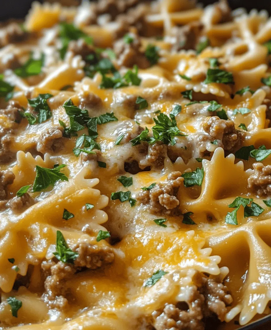 Cheesy Beef and Bowtie Pasta in Garlic Butter is a delightful dish that combines the comforting elements of creamy pasta with the hearty flavors of beef, creating a meal that is both satisfying and indulgent. This recipe stands out for its rich, velvety sauce that clings perfectly to the unique shape of bowtie pasta, also known as farfalle. The combination of garlic butter, seasoned ground beef, and a generous amount of cheddar cheese results in a robust flavor profile that is sure to please even the pickiest of eaters.