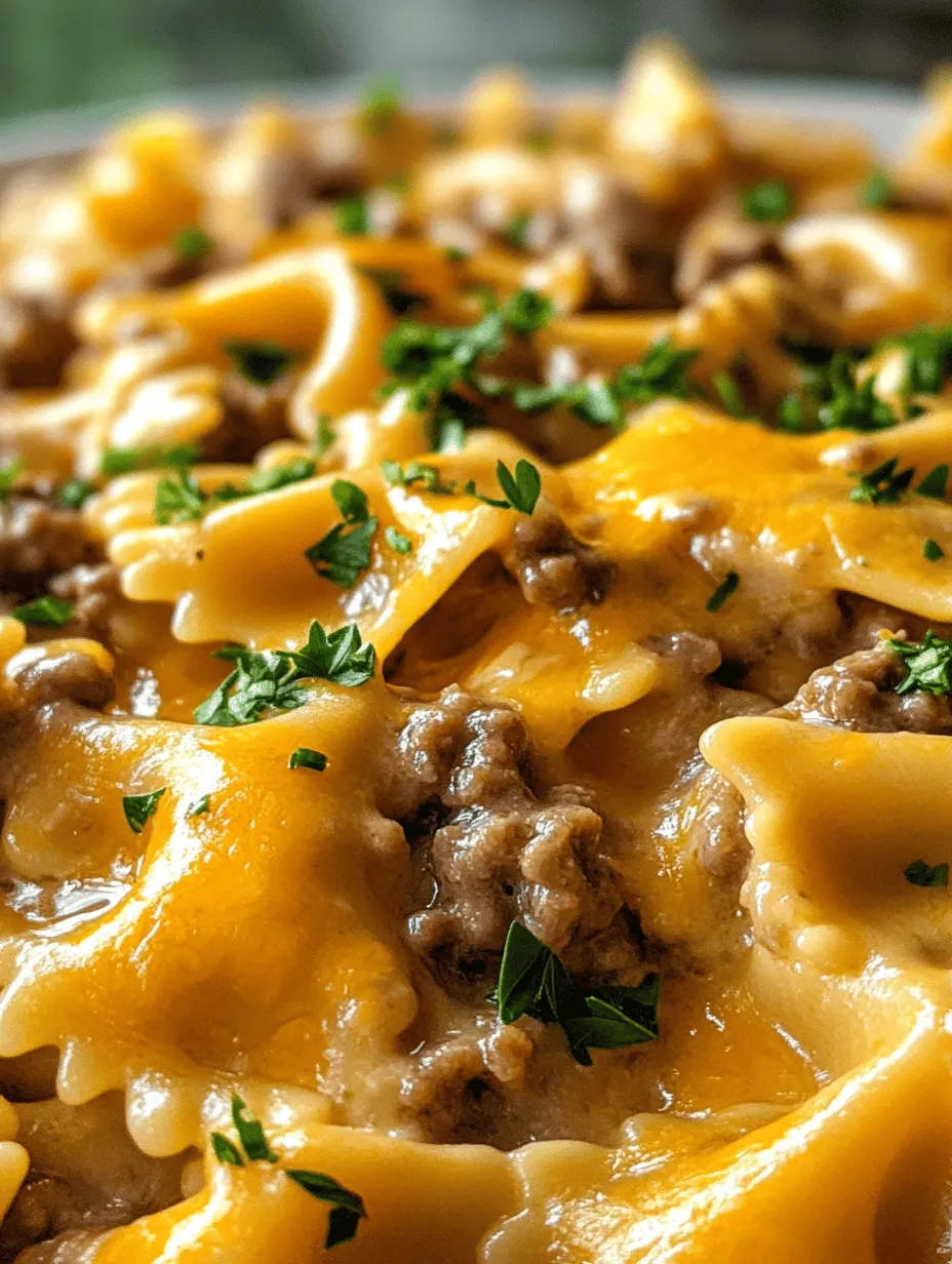 Cheesy Beef and Bowtie Pasta in Garlic Butter is a delightful dish that combines the comforting elements of creamy pasta with the hearty flavors of beef, creating a meal that is both satisfying and indulgent. This recipe stands out for its rich, velvety sauce that clings perfectly to the unique shape of bowtie pasta, also known as farfalle. The combination of garlic butter, seasoned ground beef, and a generous amount of cheddar cheese results in a robust flavor profile that is sure to please even the pickiest of eaters.