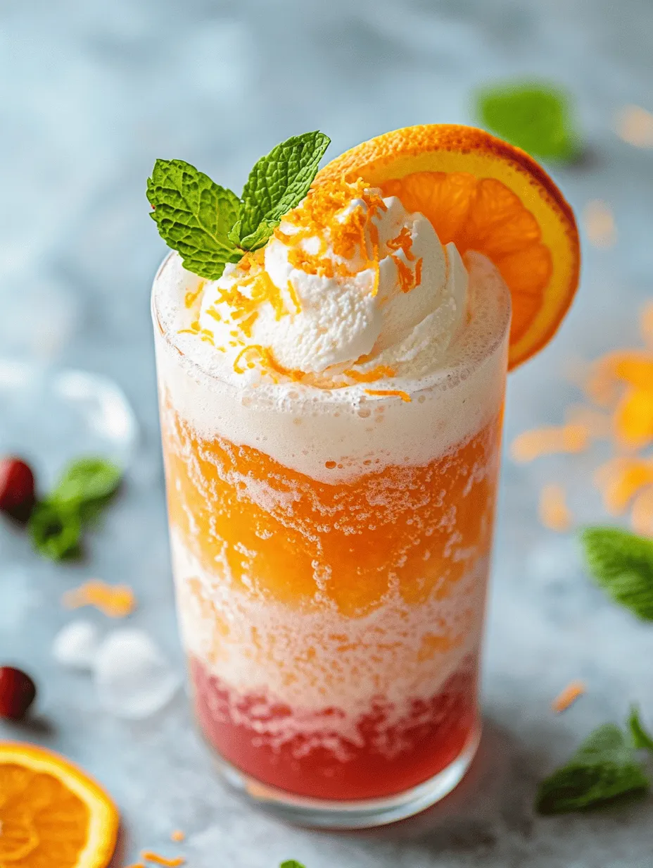 In the world of summer beverages, few things can match the refreshing delight of a float. This Dirty Creamsicle Float with a Tangy Twist is a playful and sophisticated take on the classic dessert drink. Imagine sipping on a creamy concoction that melds the nostalgic flavors of childhood with a grown-up twist—this float delivers just that. It's the perfect fusion of creamy vanilla ice cream and the bright, citrusy notes of orange soda, with a splash of cranberry juice to provide a delightful tang.