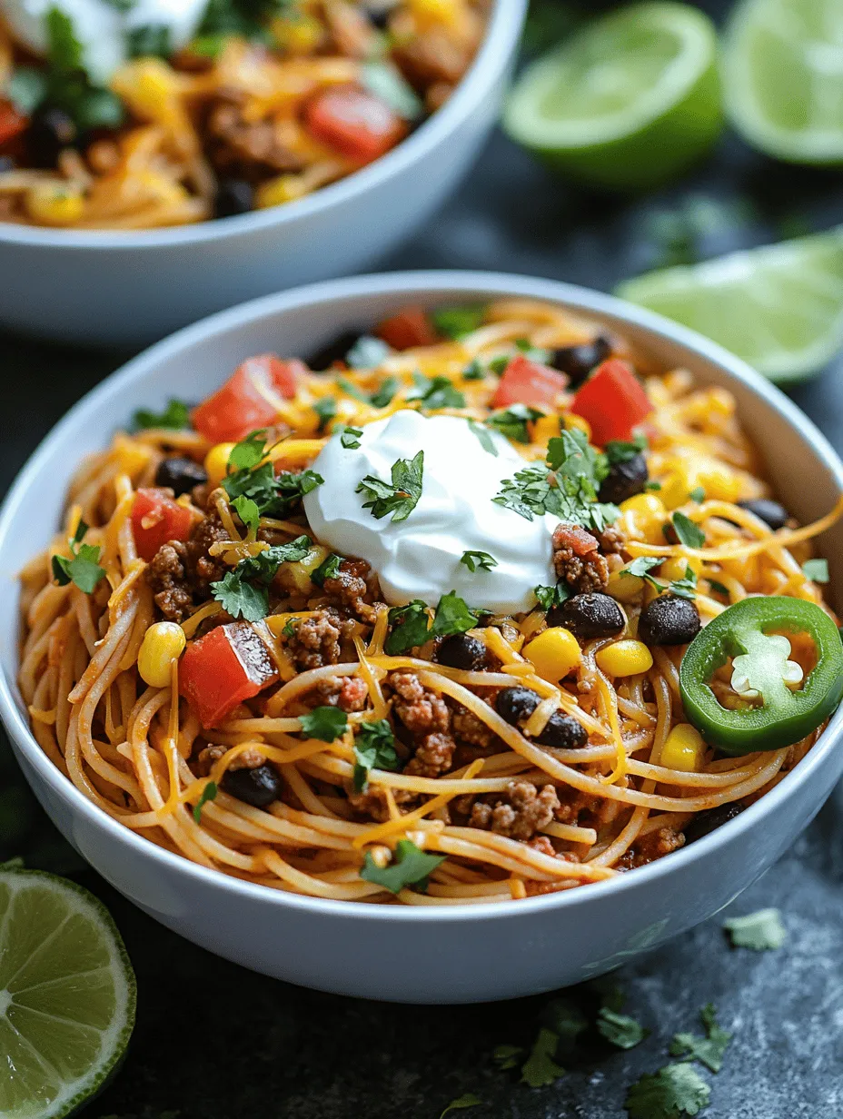 Welcome to a culinary adventure that brings together two beloved cuisines in a delightful way: Taco Spaghetti Delight. This dish is a vibrant and unique fusion of Italian and Mexican flavors that promises to excite your taste buds and satisfy your cravings. Imagine al dente spaghetti, perfectly coated in a savory taco-inspired sauce, featuring all the classic elements of a taco—ground meat, beans, corn, and a medley of spices—combined with the comforting familiarity of pasta.