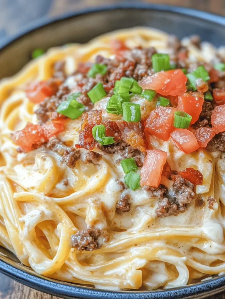 Welcome to a delicious culinary journey where comfort food meets indulgence! If you're a fan of hearty dishes that satisfy cravings, then you're in for a treat with our Indulgent Loaded Bacon Cheeseburger Alfredo Pasta. This recipe is a delightful fusion that combines the beloved flavors of a classic cheeseburger with the creamy, luscious texture of Alfredo sauce, all beautifully enveloped in tender fettuccine pasta.