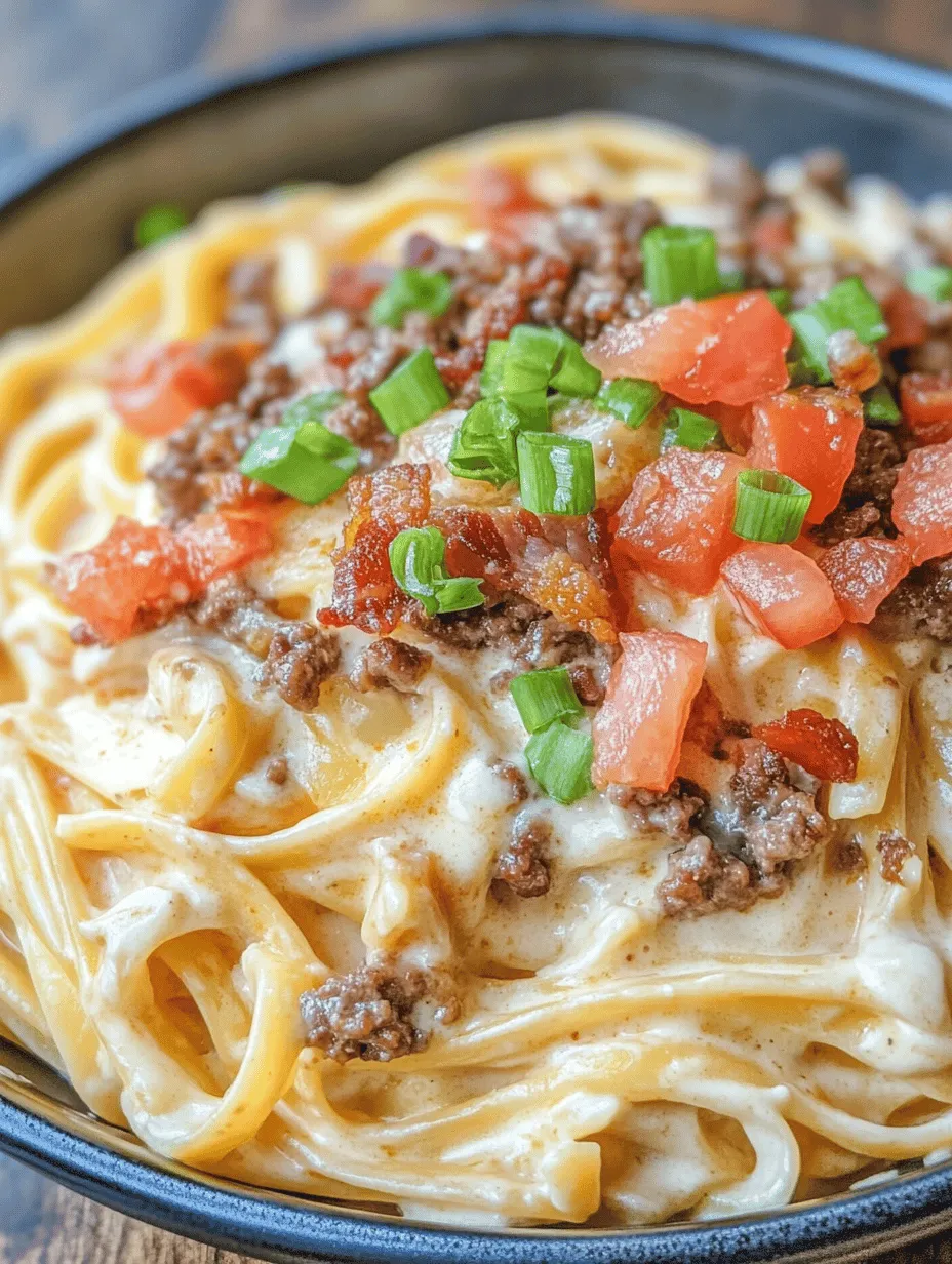 Welcome to a delicious culinary journey where comfort food meets indulgence! If you're a fan of hearty dishes that satisfy cravings, then you're in for a treat with our Indulgent Loaded Bacon Cheeseburger Alfredo Pasta. This recipe is a delightful fusion that combines the beloved flavors of a classic cheeseburger with the creamy, luscious texture of Alfredo sauce, all beautifully enveloped in tender fettuccine pasta.