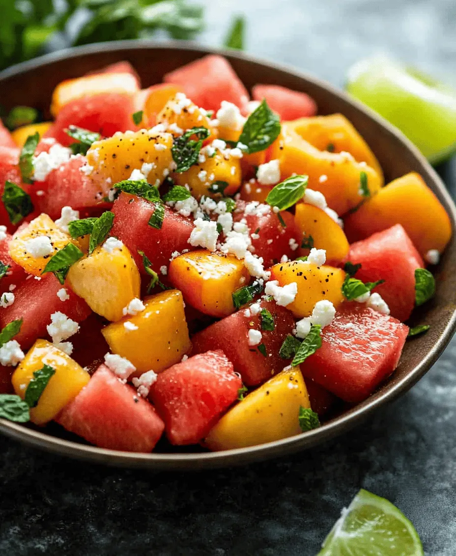 As the sun shines bright and temperatures rise, summer beckons us to indulge in refreshing salads that not only tantalize our taste buds but also keep us cool and hydrated. Summer salads are more than just a side dish; they can be vibrant, nutritious, and incredibly easy to prepare. One such recipe that captures the essence of summer is the <strong>5-Min Summer Peach Watermelon Salad</strong>. This delightful medley combines juicy watermelon, succulent peaches, creamy feta cheese, and fragrant mint, creating a light dish that is perfect for hot weather.” /></p>
</p>
<h3>Flavor Combinations in the Salad</h3>
</p>
<p>The 5-Minute Summer Peach Watermelon Salad is a delightful medley of flavors that come together to create a harmonious dish perfect for any summer gathering or casual meal. The sweetness of the ripe peaches and juicy watermelon serves as the foundation of this salad, offering a refreshing base that is both light and satisfying. When combined with the saltiness of feta cheese, the dish gains a contrasting flavor profile that elevates it from a simple fruit salad to a gourmet experience. The creamy feta not only enhances the sweetness of the fruits but also adds a rich texture that balances the crispness of the watermelon.</p>
</p>
<p>Adding fresh mint introduces a burst of herbal freshness that brightens the overall flavor. Mint has a cooling effect that pairs beautifully with the sweetness of the fruits, making every bite a refreshing experience. The acidity from the dressing, typically a simple mix of olive oil and balsamic vinegar or lemon juice, provides the necessary tang that rounds out the flavors. This acidic component cuts through the richness of the feta and enhances the natural sweetness of the peaches and watermelon, creating a well-rounded dish that pleases the palate.</p>
</p>
<h3>Suggested Pairings for the Salad</h3>
</p>
<p>To enhance the experience of enjoying the Summer Peach Watermelon Salad, consider pairing it with a variety of delicious beverages and main courses. When it comes to beverages, crisp white wines like Sauvignon Blanc or a light Rosé complement the flavors beautifully. These wines have the acidity and freshness that echo the salad’s dressing, making them a perfect match. If you prefer non-alcoholic options, consider serving sparkling water infused with fresh mint or a refreshing lemonade to keep the palette clean and refreshing.</p>
</p>
<p>For ideal main courses, grilled chicken or seafood make excellent companions to this salad. The lightness of grilled chicken, whether marinated simply or seasoned with herbs, allows the salad to shine without overwhelming the senses. Similarly, grilled shrimp or fish, such as salmon or tilapia, provide a savory contrast that pairs well with the fruity notes of the salad. The combination of these proteins with the salad creates a well-balanced meal that highlights the best of summer’s bounty.</p>
</p>
<h3>Nutritional Benefits of Summer Peach Watermelon Salad</h3>
</p>
<p>The Summer Peach Watermelon Salad not only offers delightful flavors but also boasts impressive nutritional benefits. Each serving of this salad is packed with essential vitamins, minerals, and hydration, making it an ideal choice for hot summer days.</p>
</p>
<p>– <strong>Calories</strong>: A typical serving of the salad contains approximately 150 calories, making it a light and guilt-free option for those looking to maintain a healthy diet.</p>
<p>– <strong>Vitamins and Minerals</strong>: The primary ingredients—peaches and watermelon—are rich in vitamins A and C, both essential for skin health and immune support. Peaches provide potassium, which is crucial for heart health, while watermelon is high in hydration and contains lycopene, an antioxidant linked to various health benefits.</p>
<p>– <strong>Health Benefits</strong>: Consuming fruits and vegetables during the summer not only helps to keep your body hydrated but also provides a cooling effect. The high water content in watermelon, approximately 90%, aids in hydration, while the fiber in peaches promotes digestive health. Incorporating these seasonal fruits into your diet is an excellent way to support overall well-being during the warmer months.</p>
</p>
<h3>Creative Variations and Modifications</h3>
</p>
<p>While the classic Summer Peach Watermelon Salad is delightful as it is, there are plenty of creative variations and modifications to explore. Depending on what is in season or your personal preferences, you can easily adapt this recipe.</p>
</p>
<p>– <strong>Ingredient Swaps</strong>: If peaches are not available, consider using other seasonal fruits such as nectarines or apricots, which offer similar sweetness and texture. Berries, such as strawberries or blueberries, can add a pop of color and additional flavor complexity.</p>
<p>– <strong>Alternative Cheeses</strong>: For those looking to experiment with different flavor profiles, goat cheese or mozzarella can be used in place of feta. Goat cheese adds a tangy creaminess, while mozzarella provides a mild, milky taste that pairs well with the sweet fruits.</p>
<p>– <strong>Vegan Adaptations</strong>: To make this salad plant-based, simply omit the cheese or substitute it with a vegan cheese alternative. Nutritional yeast can also provide a cheesy flavor without the dairy.</p>
<p>– <strong>Other Dressing Options</strong>: While a simple olive oil and vinegar dressing works wonderfully, you can experiment with a honey-lime dressing for a tropical twist, or a spicy vinaigrette for those who enjoy a bit of heat. Each alternative dressing can transform the salad, allowing you to explore new flavor combinations.</p>
</p>
<h3>Conclusion</h3>
</p>
<p>The 5-Minute Summer Peach Watermelon Salad is a perfect showcase of the simplicity and deliciousness that summer produce has to offer. With its vibrant colors, refreshing flavors, and a variety of nutritional benefits, this salad makes an excellent addition to any meal or summer gathering. It encourages you to embrace fresh, seasonal ingredients while also allowing for creativity in the kitchen through various adaptations and variations.</p>
</p>
<p>As you enjoy this salad, consider incorporating it into your summer meals, whether as a side dish to grilled chicken or seafood, or as a light lunch on its own. The flavors of peaches and watermelon, combined with the saltiness of feta and freshness of mint, create a dish that is not only pleasing to the eye but also a treat for the taste buds. Dive into the refreshing world of summer flavors and let this salad be your go-to dish for the hottest months of the year.</p>
		</div>

				<footer class=